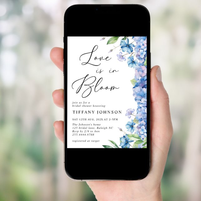 Love is in Bloom Blue Hydrangea Bridal Shower Invitation (Front Digital)