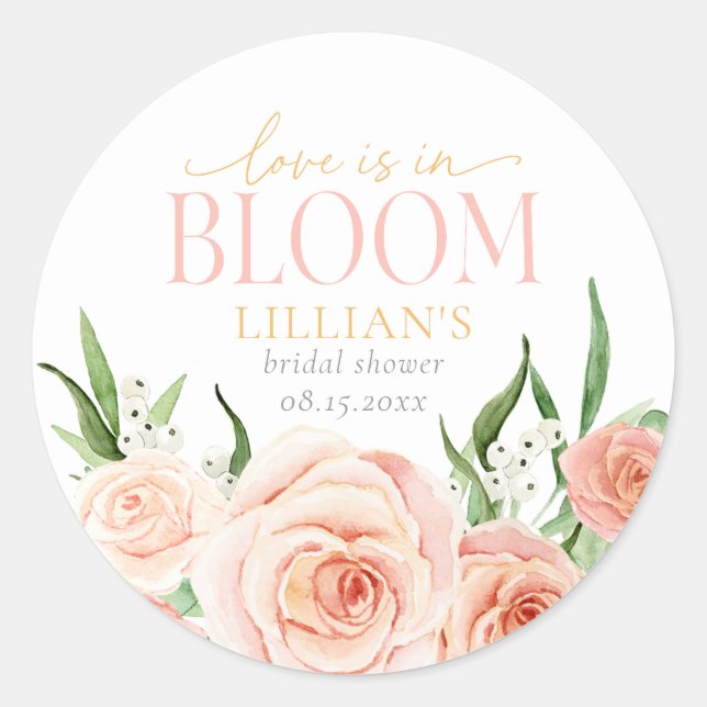 Love Is In Bloom Blush Pink Floral Bridal Shower  Classic Round Sticker (Front)