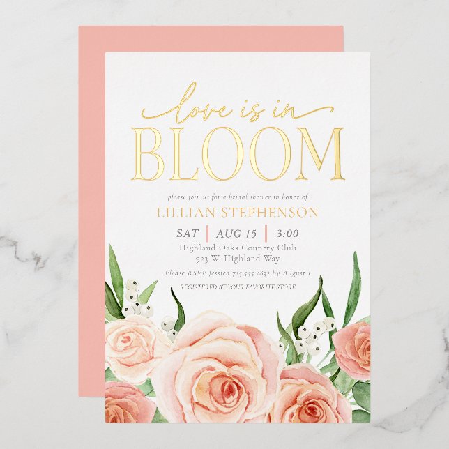 Love Is In Bloom Blush Pink Floral Bridal Shower Foil Invitation (Front/Back)