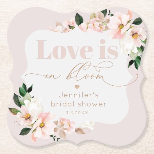 Love is in bloom blush pink wildflowers bridal paper coaster