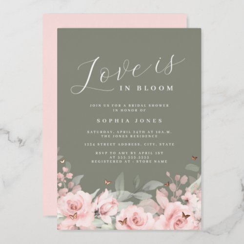 Love is in Bloom Blush  Sage Bridal Shower  Foil Invitation