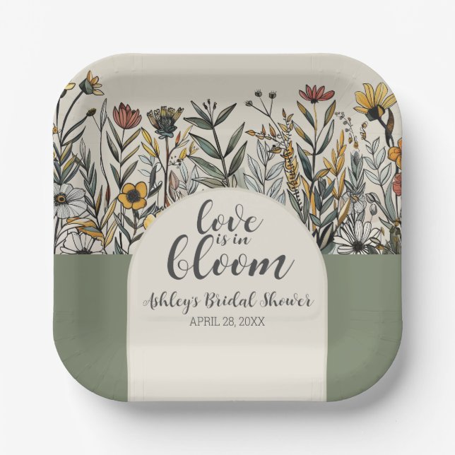 Love is in Bloom - Boho Flowers Bridal Shower Paper Plates (Front)