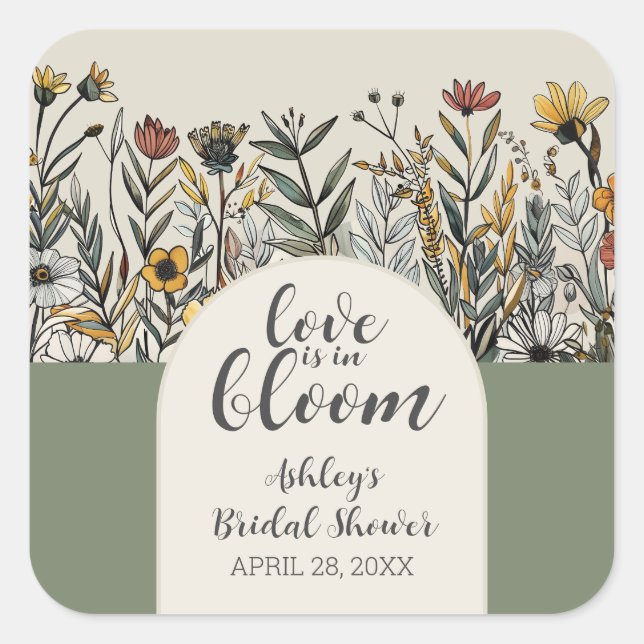 Love is in Bloom - Boho Flowers Bridal Shower Square Sticker (Front)