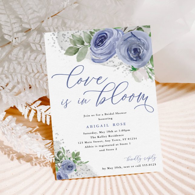 Love is in Bloom Bridal Shower Blue Silver Flowers Invitation