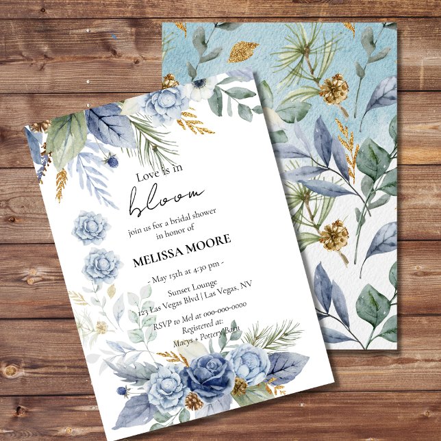 Love Is In Bloom Bridal Shower Dusty Blue Flower Invitation (Creator Uploaded)
