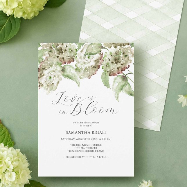 Love Is In Bloom Bridal Shower Invites Hydrangea (Elegant Bridal Shower Invitation Designs for a Rustic Theme with watercolor green hydrangeas)