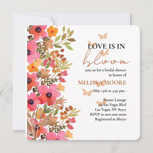 Love Is In Bloom Bridal Shower Pinks Peach Florals Invitation (Front)