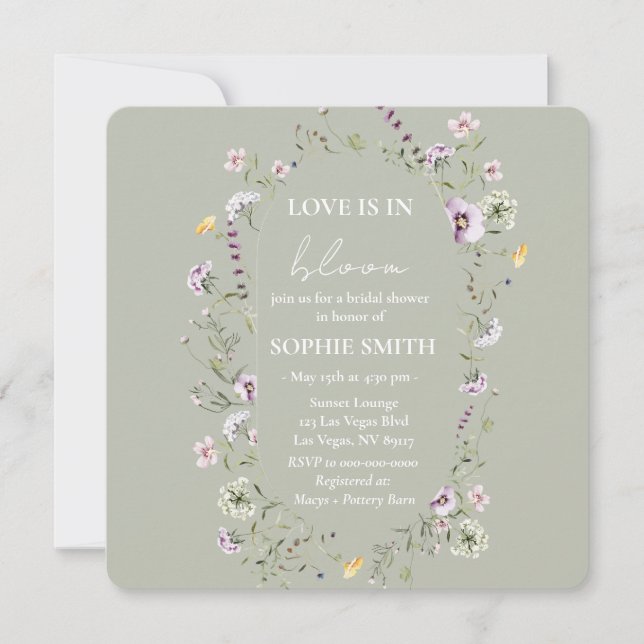 Love Is In Bloom Bridal Shower Sage Green Invitation (Front)