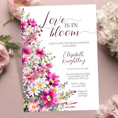 Love is in Bloom Bright Pink Flowers Bridal Shower Invitation