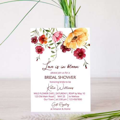 Love is in bloom burgundy flowers bridal shower  invitation