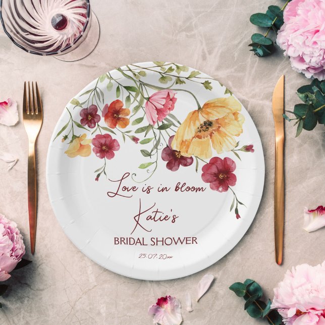 Love is in bloom burgundy flowers bridal shower  paper plates (Creator Uploaded)