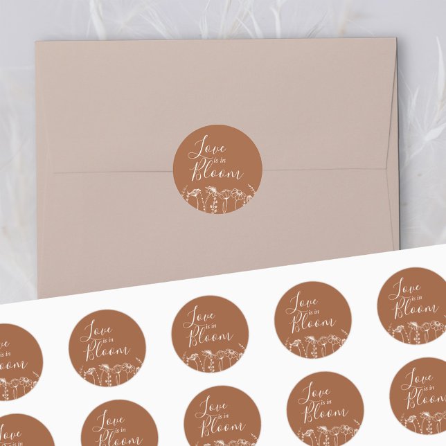 Love is in Bloom Burnt Orange Wildflower Sketch Classic Round Sticker (Love is in Bloom stickers in Terracotta Burnt Orange, from my Wildflower Sketch collection)