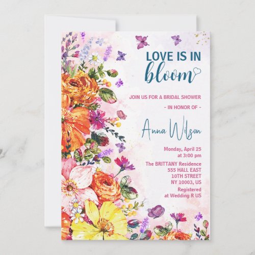 love is in bloom colorful wildflower bridal shower invitation