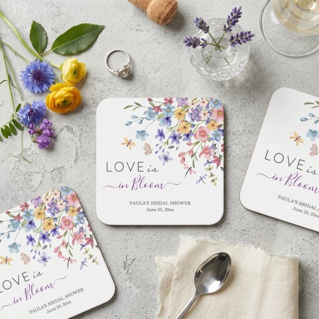 Love is in Bloom Dragonflies Bridal Shower Square Paper Coaster (Creator Uploaded)