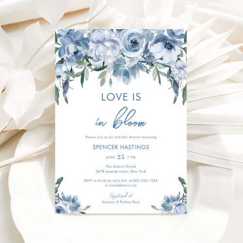 Love Is In Bloom Dusty Blue Floral Bridal Shower Invitation