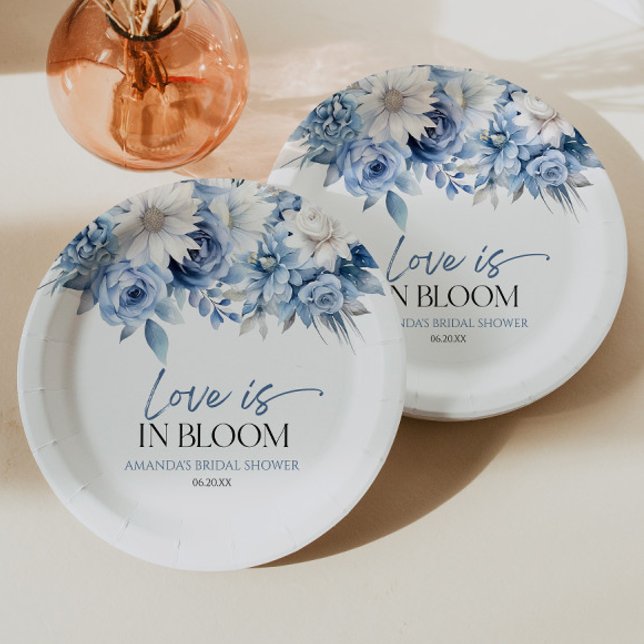 Love Is In Bloom Dusty Blue Floral Bridal Shower Paper Plates (Creator Uploaded)