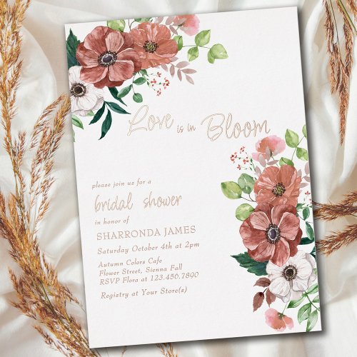 Love is in Bloom Fall Bridal Shower Rose Gold Foil Invitation