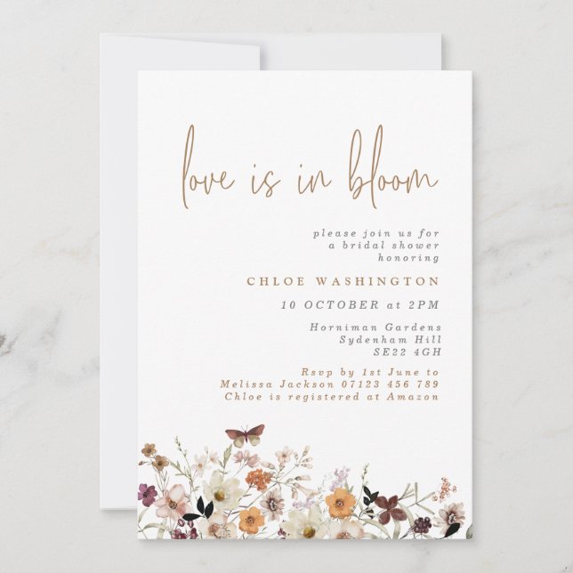 Love is in Bloom Fall Wildflowers Bridal Shower Invitation (Front)