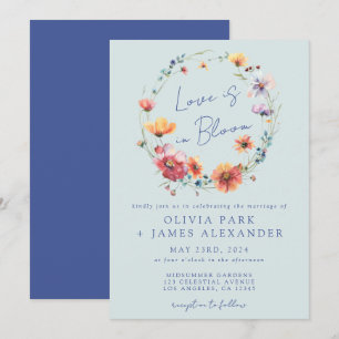 Love is in Bloom Floral Wreath Blue Wedding Invitation