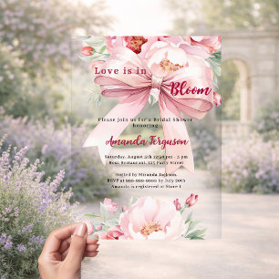 Love is in bloom florals pink bow Bridal Shower Acrylic Invitations