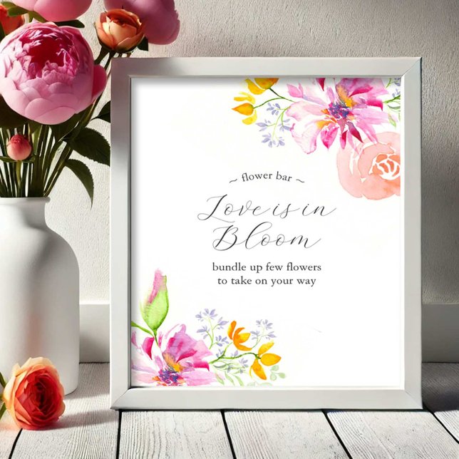 Love is in Bloom Flower Bar Poster Vibrant Pink (Flower bar sign watercolor pink and orange flowers art by Victoria Grigaliunas Do Tell A Belle)