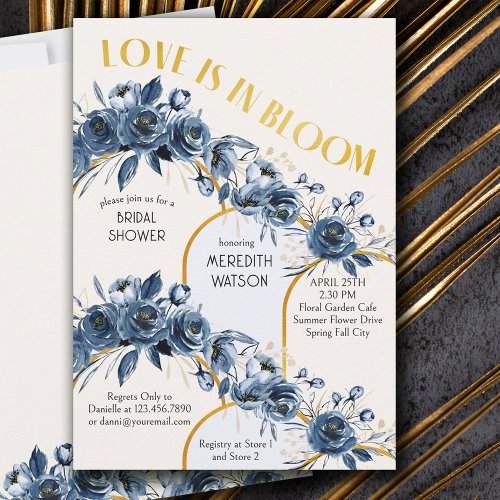 Love is in Bloom Gold Arch Blue Rose Bridal Shower Invitation