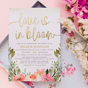 Love Is In Bloom | Gold Blush Floral Bridal Shower Invitation by Cali_Graphics at Zazzle