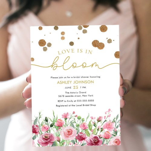 Love Is In Bloom Gold Blush Floral Bridal Shower Invitation