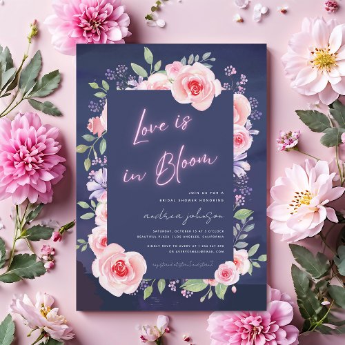 Love is in Bloom Neon  Pink Floral Bridal Shower Invitation