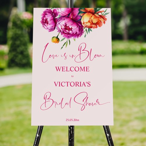 Love is in bloom pink bridal shower welcome sign