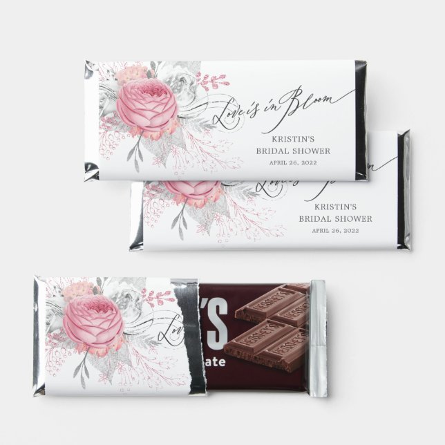 Love Is In Bloom Pink Floral Bridal Shower Hershey Bar Favors (Front)
