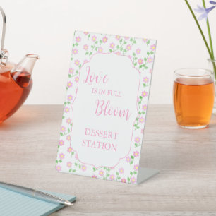 Love Is In Bloom Pink Floral Dessert Station Pedestal Sign