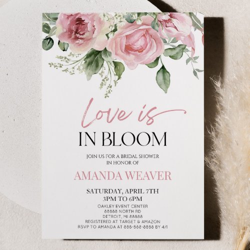 Love Is In Bloom Pink Floral Flower Bridal Shower Invitation