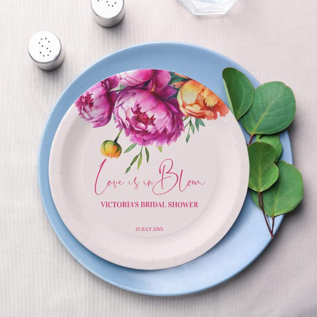 Love is in bloom pink flower bridal shower printed paper plates (Creator Uploaded)