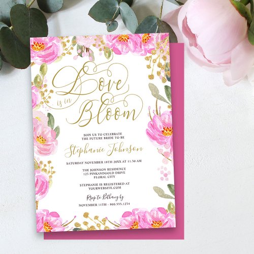 Love is in Bloom Pink Gold Floral Bridal Shower Invitation