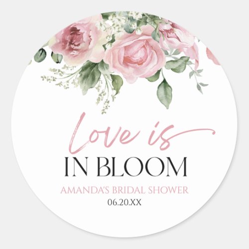 Love Is In Bloom Pink Rose Floral Bridal Shower Classic Round Sticker