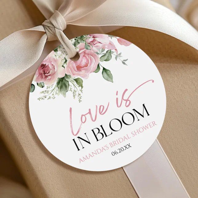 Love Is In Bloom Pink Rose Floral Bridal Shower Favor Tags | Zazzle
