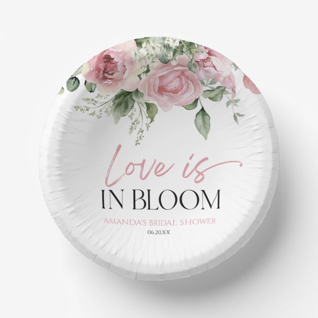 Love Is In Bloom Pink Rose Floral Bridal Shower Paper Bowls (Front)