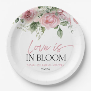 Love Is In Bloom Pink Rose Floral Bridal Shower Paper Plates