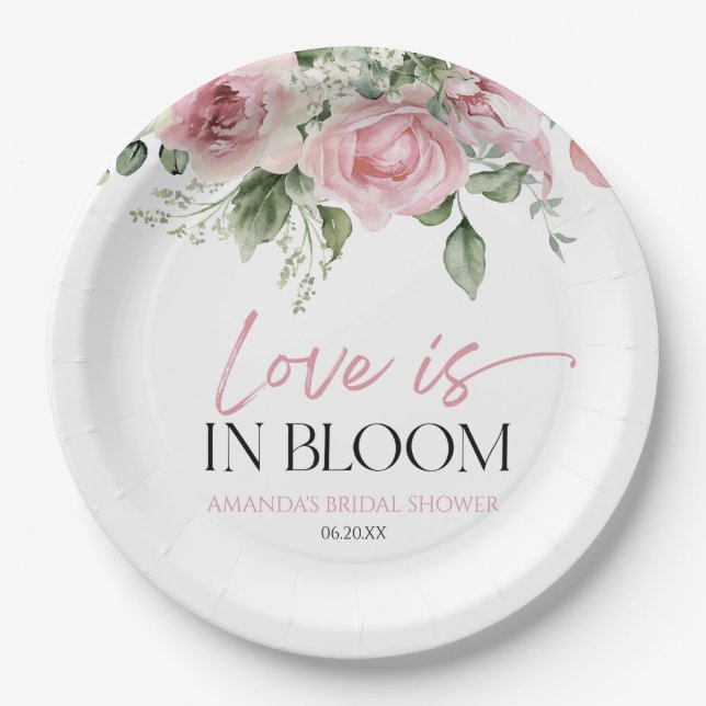 Love Is In Bloom Pink Rose Floral Bridal Shower Paper Plates (Front)