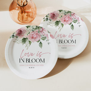Love Is In Bloom Pink Rose Floral Bridal Shower Paper Plates
