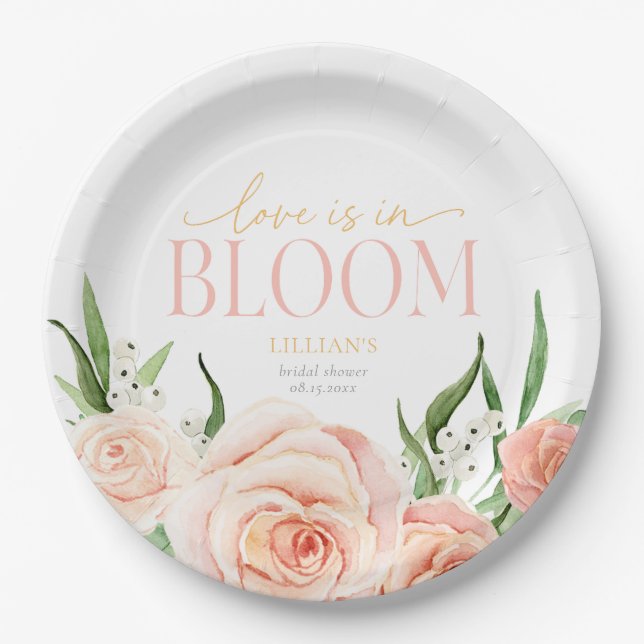 Love Is In Bloom Pink Rose Flowers Bridal Shower  Paper Plates (Front)