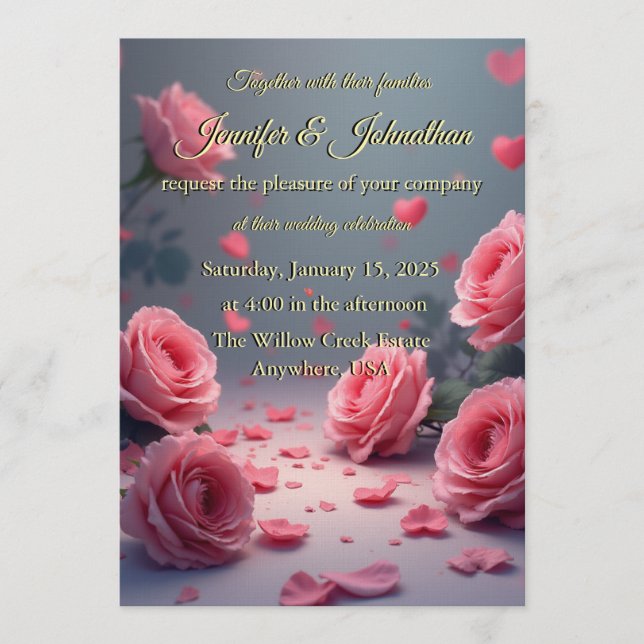 Love is in Bloom Pink Roses Romantic Wedding Invitation (Front)