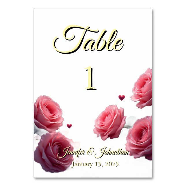 Love is in Bloom Pink Roses Simple Wedding Table Number (Front)
