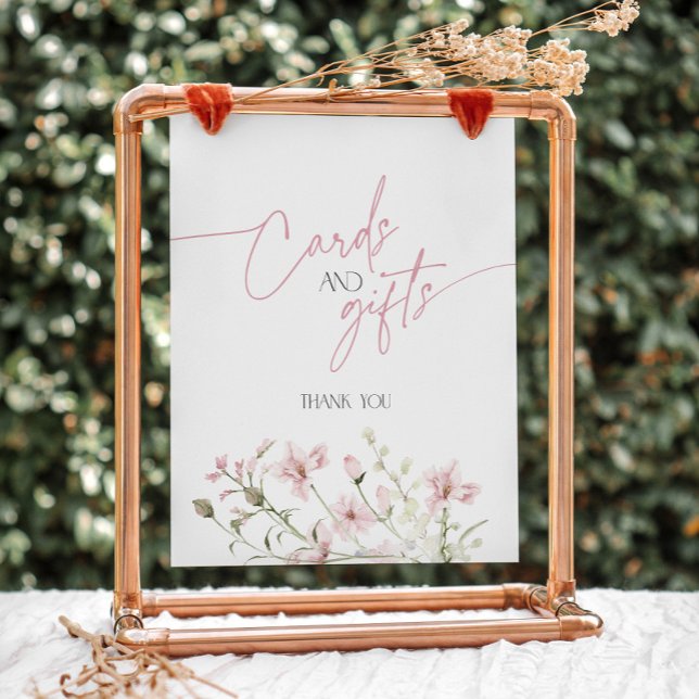 Love is in Bloom Pink Wildflower Cards and Gifts Pedestal Sign (Love is in bloom blush pink wildflowers cards and gifts sign)