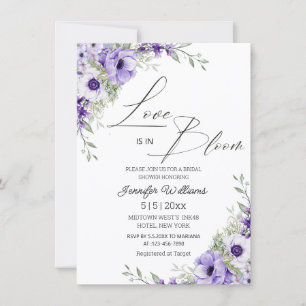 love is in bloom, purple floral bridal shower invitation