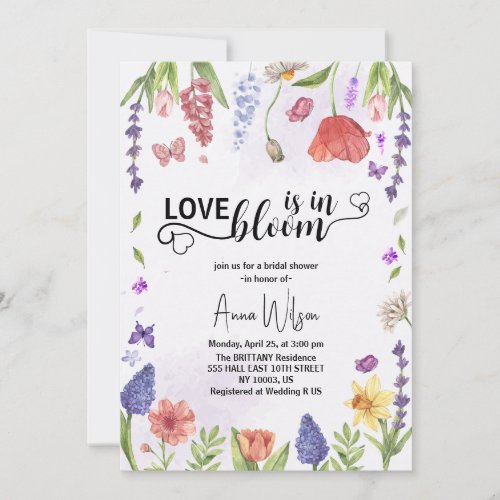 love is in bloom purple wildflower bridal shower invitation