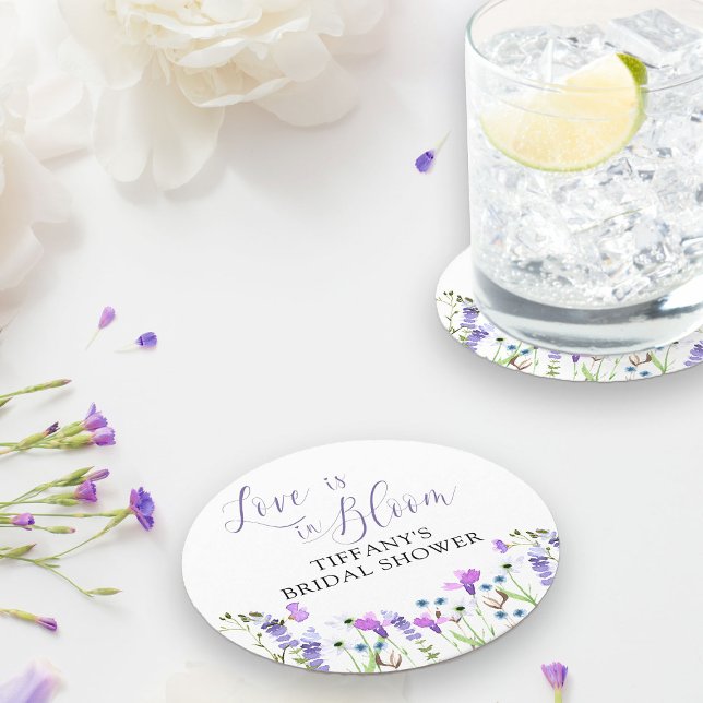 Love is in Bloom Purple Wildflower Bridal Shower Round Paper Coaster (Love is in Bloom coasters from my Purple Wildflower Bridal Shower collection)