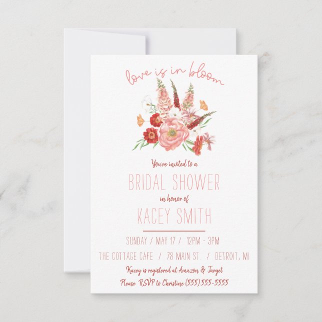 Love is in Bloom! Red & Pink Bouquet Bridal Shower Invitation (Front)