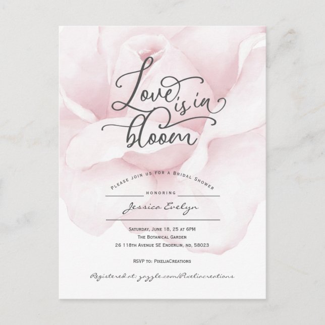Love is in bloom, simple modern bridal shower invitation postcard (Front)